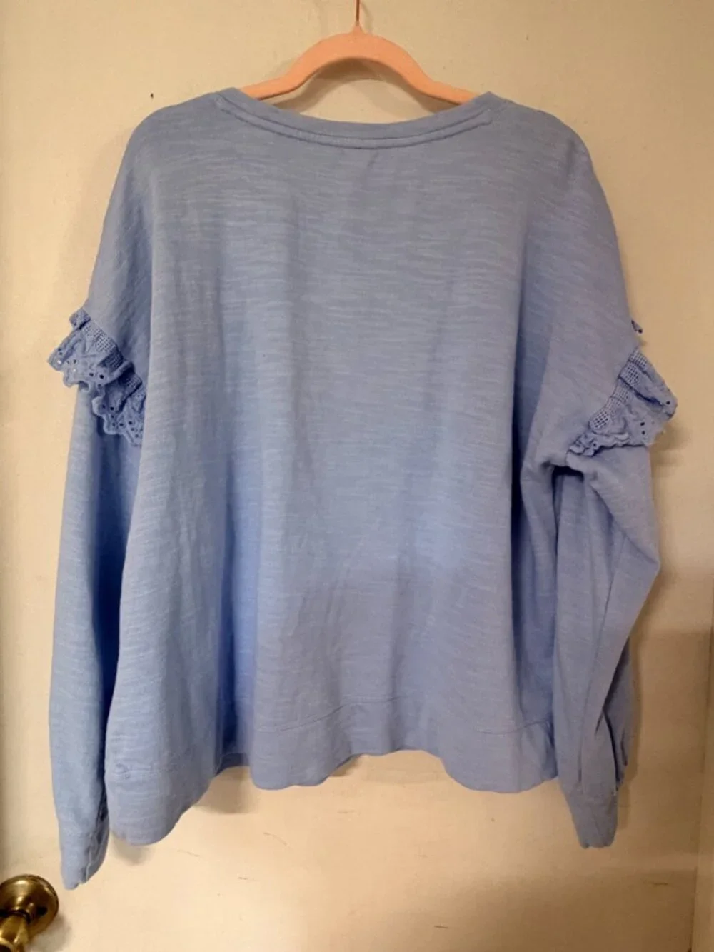 Crown & Ivy Womens Top 2X Blue Eyelet Ruffle Long Sleeve Slub Knit Pullover Tee